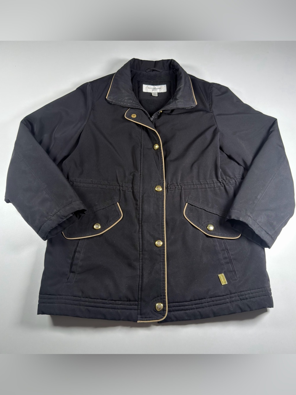Liz Claiborne Outerwear Black Utility Jacket Size 8 Petite Gold Buttons Tan Trim